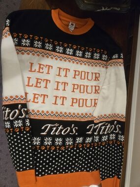 Tito's Orange, Black & White Crewneck Sweater - 'Let It Pour' Knit Pullover